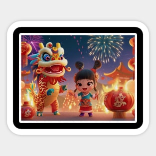 Lunar Serenity: Whimsical Pyrotechnics with Joyful Roars, a Dynasty Sparkle of Cherubic Flames, where Dragon's Delight meets Innocent Sparks in a Cartoon New Year Spectacle Sticker